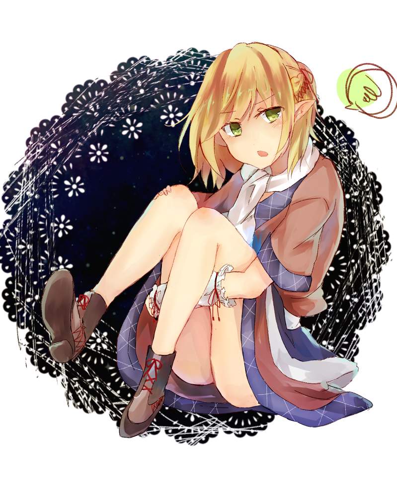 1girl arm_warmers bangs black_footwear blonde_hair blush boots braid brown_dress commentary_request dress eyebrows_visible_through_hair french_braid full_body green_eyes hugging_own_legs looking_at_viewer mizuhashi_parsee moko_(mokochisa) open_mouth pointy_ears scarf short_hair short_ponytail short_sleeves solo spoken_squiggle squiggle touhou white_scarf