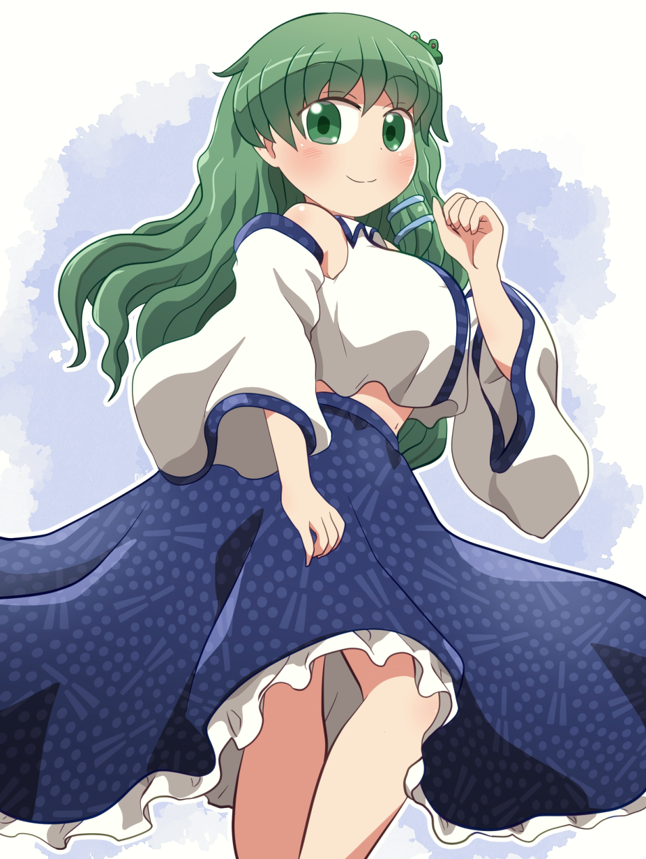 1girl bare_shoulders blue_skirt blush closed_mouth detached_sleeves eyebrows_visible_through_hair feet_out_of_frame frog_hair_ornament green_eyes green_hair hair_between_eyes hair_ornament highres japanese_clothes kochiya_sanae long_hair nontraditional_miko rokugou_daisuke signature skirt smile snake_hair_ornament solo touhou white_sleeves wide_sleeves