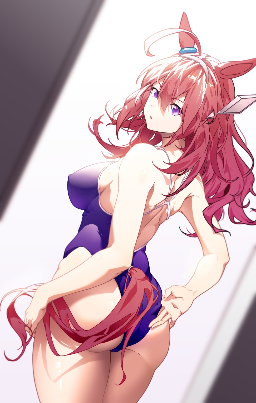 1girl adjusting_clothes adjusting_swimsuit animal_ears ass blue_eyes blue_swimsuit brown_hair chinese_commentary commentary_request competition_school_swimsuit cowboy_shot from_behind hairband highres horse_ears horse_girl horse_tail long_hair looking_at_viewer looking_back mihono_bourbon_(umamusume) school_swimsuit senjougahala solo swimsuit tail umamusume white_hairband