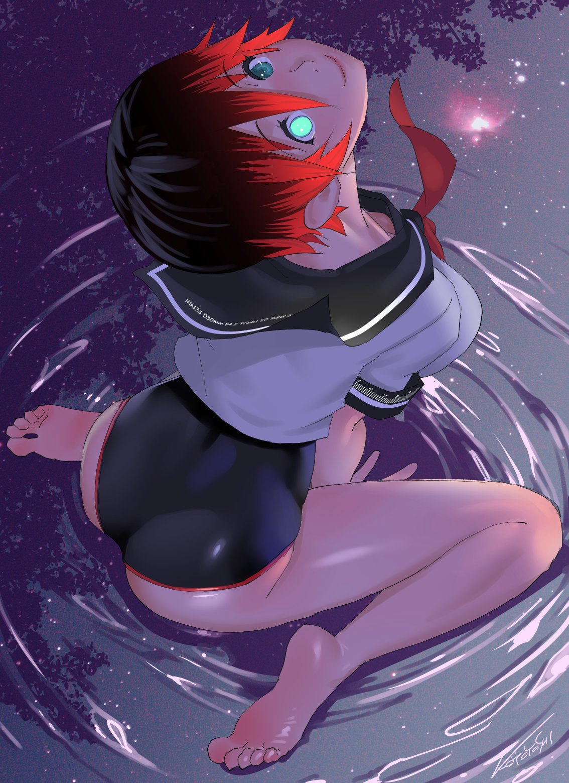 1girl arm_support black_hair black_sailor_collar black_swimsuit breasts colored_tips commentary_request feet full_body glowing glowing_eye green_eyes hair_between_eyes highres kotoyoshi_yumisuke large_breasts lips looking_at_viewer looking_up multicolored_hair neckerchief on_water one-piece_swimsuit original red_neckerchief redhead reflection sailor_collar school_uniform serafuku shallow_water shirt short_hair short_sleeves sitting smile soles solo space swimsuit swimsuit_under_clothes thighs toes two-tone_hair v_arms wariza water white_shirt