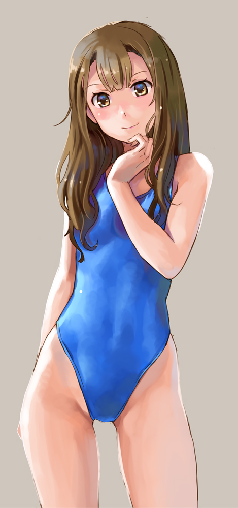 1girl blue_swimsuit breasts brown_eyes brown_hair commentary_request competition_swimsuit cowboy_shot grey_background highleg highleg_swimsuit katahira_masashi long_hair one-piece_swimsuit original simple_background small_breasts solo standing swimsuit wavy_hair wet