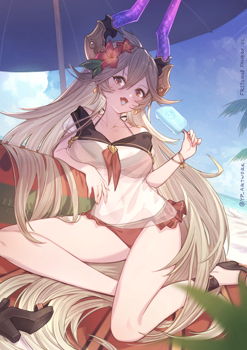 1girl arm_under_breasts bangs beach beach_towel beach_umbrella bikini bikini_skirt bikini_under_clothes black_bikini black_footwear blue_sky blush bracelet breasts brown_hair collarbone day earrings flower food granblue_fantasy hair_between_eyes hair_flower hair_ornament hibiscus high_heels highres holding holding_food horns jewelry large_breasts layered_bikini long_hair navel outdoors popsicle red_bikini red_eyes red_flower red_skirt see-through shirt shoes showgirl_skirt single_shoe sitting skirt sky solo swimsuit threo_(granblue_fantasy) tongue tongue_out towel twitter_username umbrella very_long_hair white_shirt yellowpaint. yokozuwari