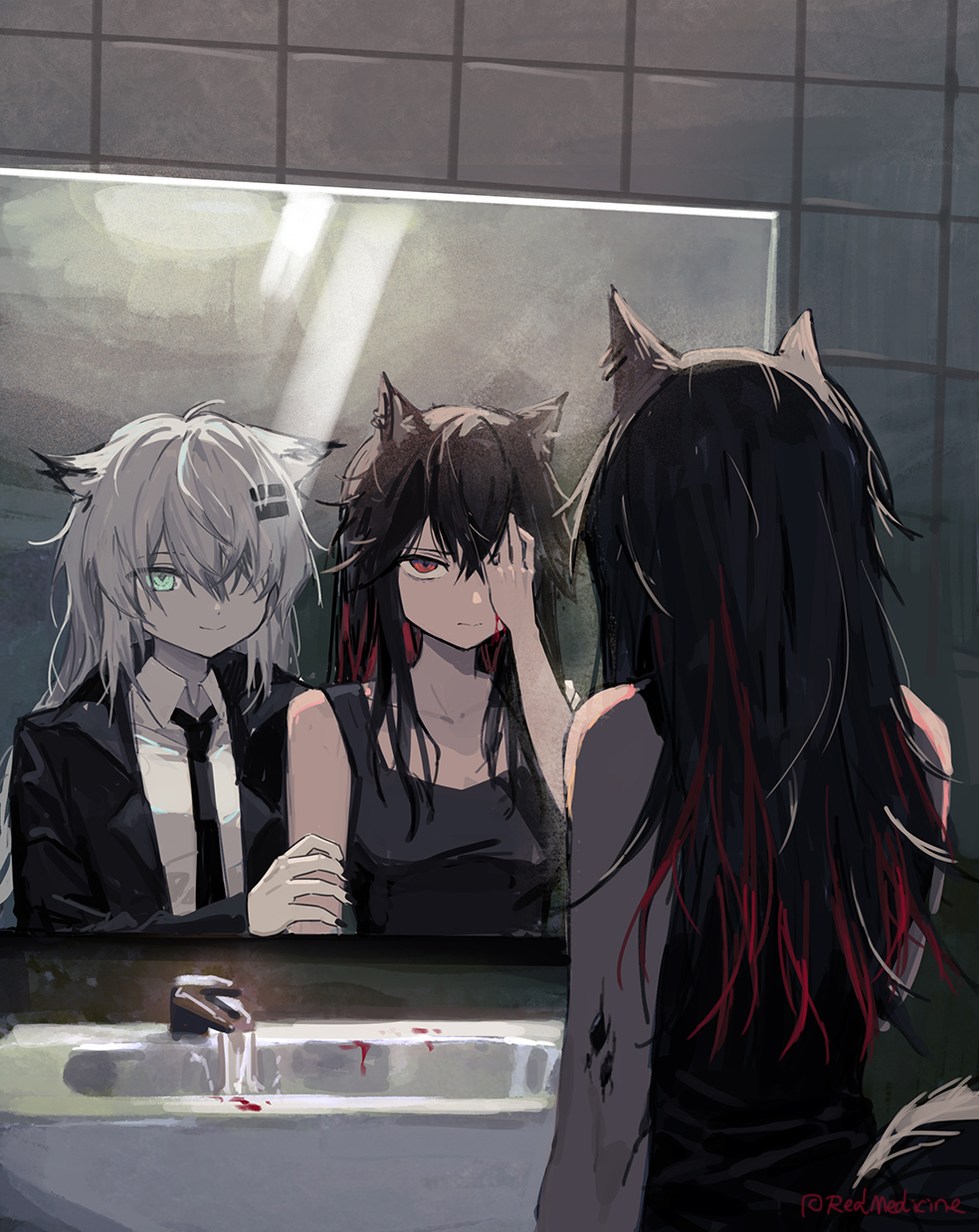 2girls animal_ears arknights bathroom black_hair black_tank_top blood different_reflection formal hair_ornament hair_over_one_eye hairclip highres holding_another's_arm lappland_(arknights) long_hair mirror multiple_girls nail_polish necktie oripathy_lesion_(arknights) red_(girllove) reflection suit tail tank_top texas_(arknights) white_hair wolf_ears wolf_girl