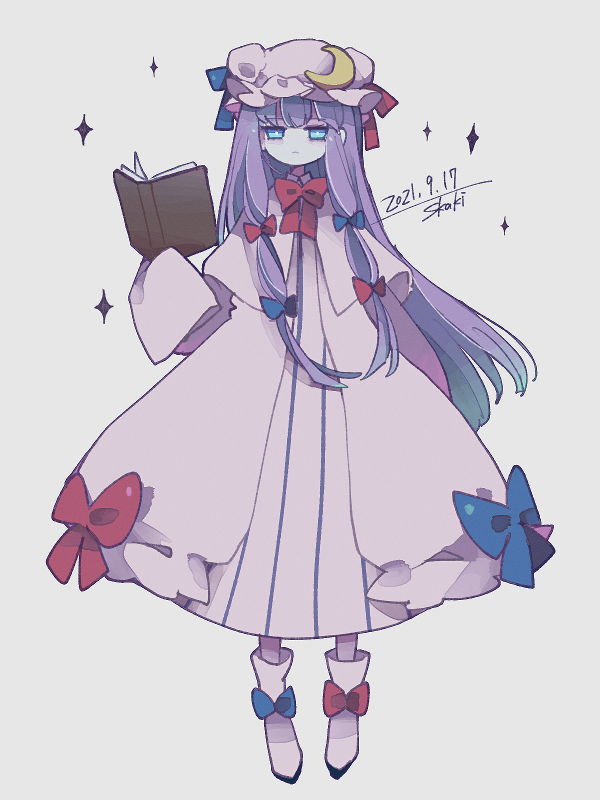 1girl bangs blue_bow blue_eyes book boots bow bowtie bright_pupils capelet commentary cosmicmind crescent crescent_hat_ornament dated dress dress_bow expressionless footwear_bow full_body hair_bow hat hat_bow hat_ornament holding holding_book layered_dress long_dress long_hair long_sleeves looking_at_viewer mob_cap one-hour_drawing_challenge open_book patchouli_knowledge pink_capelet pink_dress pink_footwear pink_headwear purple_hair red_bow signature simple_background sleeves_past_fingers sleeves_past_wrists solo sparkle touhou white_pupils wide_sleeves