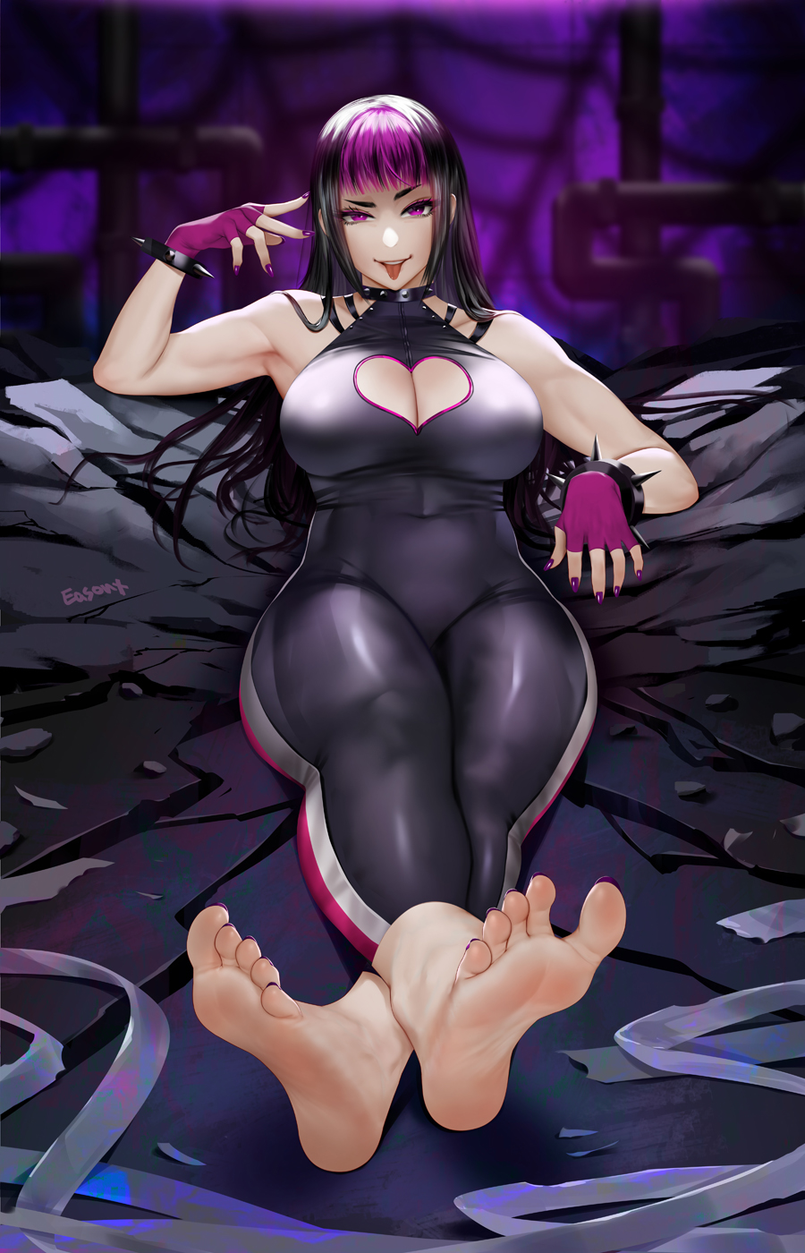 1girl baggy_pants bare_shoulders biker_clothes bikesuit black_bodysuit black_hair bodysuit bracelet breasts chinese_clothes drill_hair easonx feet gloves glowing glowing_eye han_juri highres jewelry looking_at_viewer navel pants purple_hair skin_tight soles spiked_bracelet spikes stirrup_legwear street_fighter street_fighter_iv_(series) toeless_legwear toes tongue tongue_out twin_drills