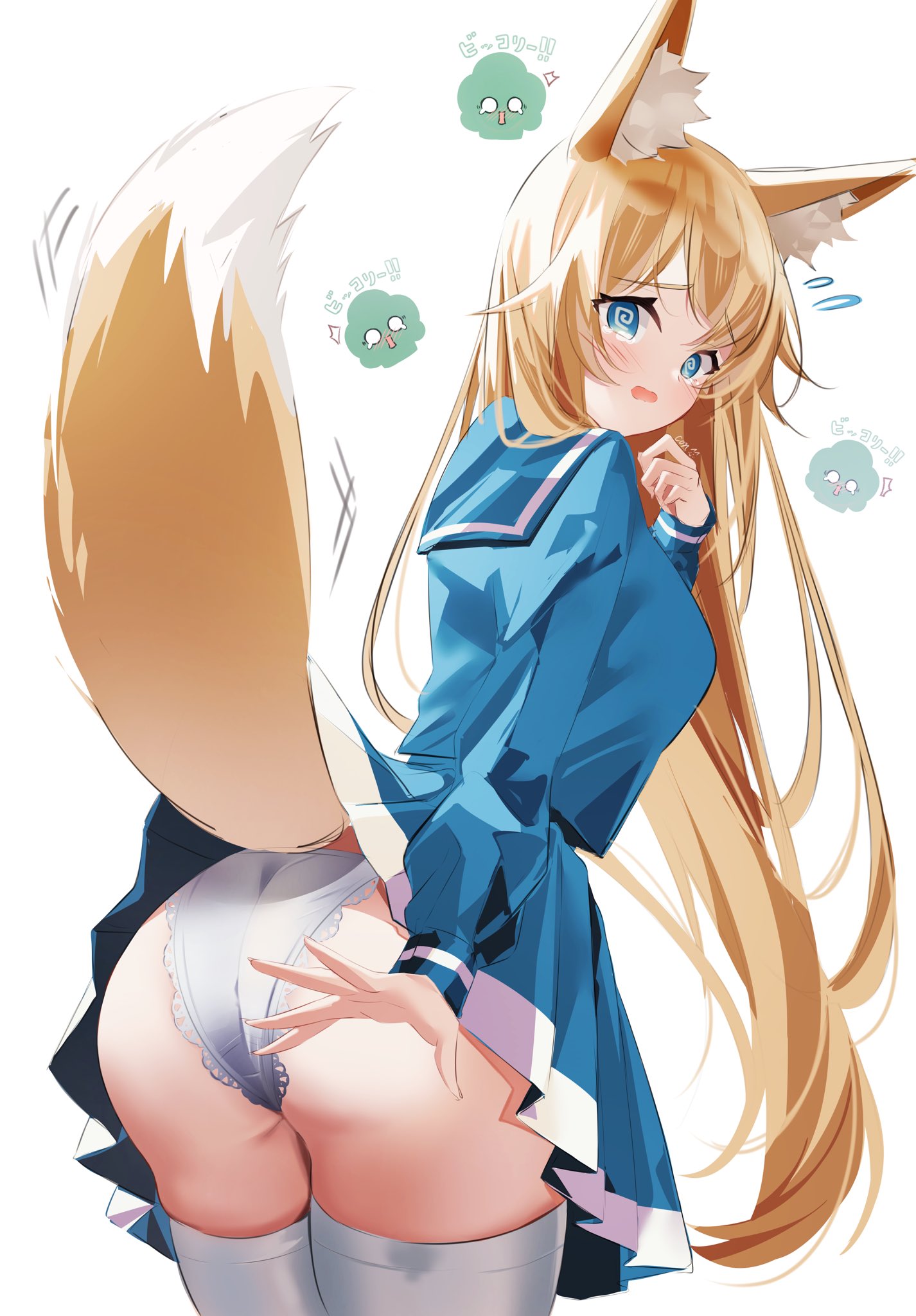 1girl @_@ amagami_kon animal_ear_fluff animal_ears bangs blonde_hair blue_eyes blue_skirt blush broccoli commentary_request conconcon1031 cowboy_shot embarrassed eyebrows_visible_through_hair flying_sweatdrops fox_ears fox_girl fox_tail from_behind hand_up highres lifted_by_self long_hair long_sleeves looking_at_viewer miniskirt open_mouth original outstretched_arm panties pleated_skirt school_uniform serafuku signature simple_background skirt tail tearing_up thigh-highs underwear very_long_hair white_background white_legwear white_panties