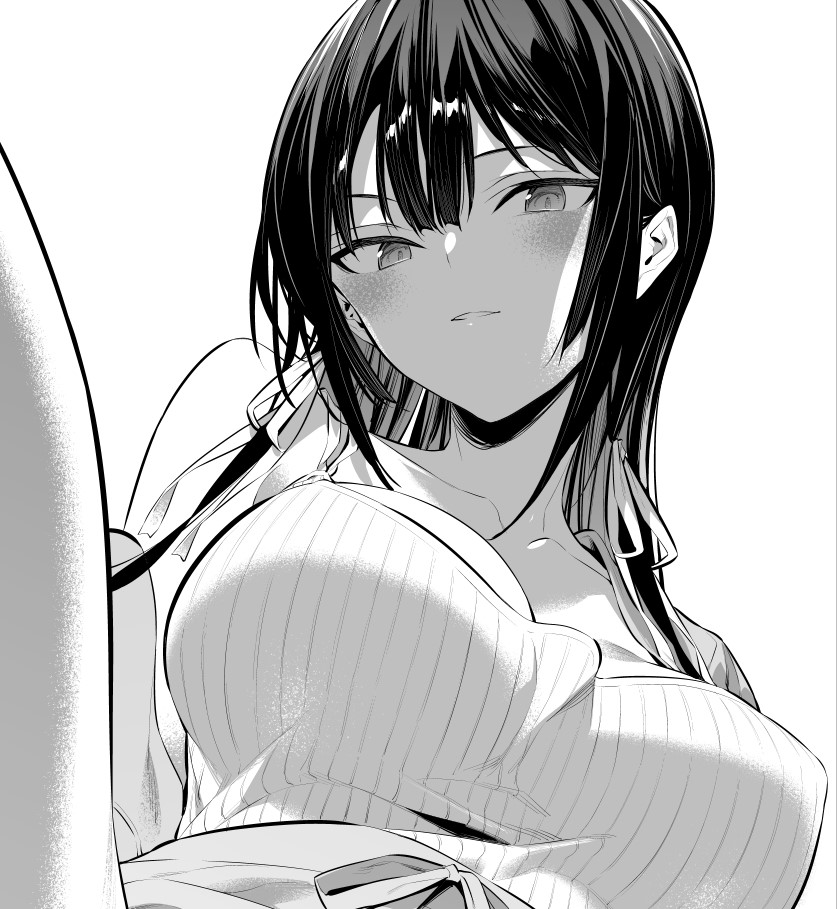 bangs black_hair blush breasts camisole cardigan collarbone commentary_request greyscale hair_between_eyes hair_ribbon hiiragi_yuuichi large_breasts long_hair looking_at_viewer monochrome off_shoulder original parted_lips ribbon single_bare_shoulder takamine_takane thighs upper_body