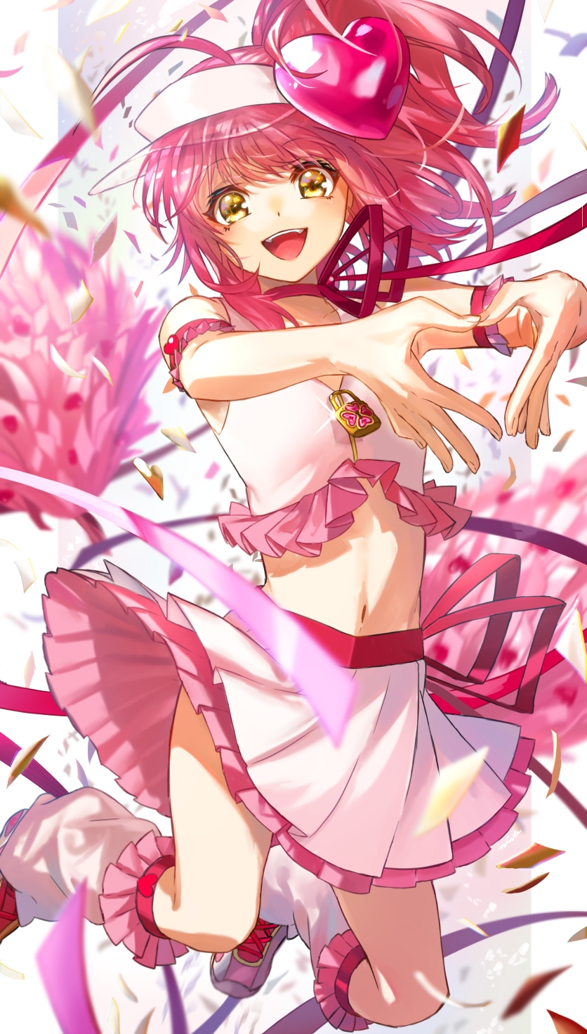 :d ahoge amulet_heart armband bangs cheerleader choker confetti crop_top eyebrows_visible_through_hair frills hair_ornament heart heart_hair_ornament heart_hands highres hinamori_amu jumping layered_skirt leg_warmers lock midriff n-bata navel open_mouth pink_hair pleated_skirt pom_pom_(cheerleading) ribbon ribbon_choker shoes shugo_chara! side_ponytail skirt smile sneakers visor_cap yellow_eyes