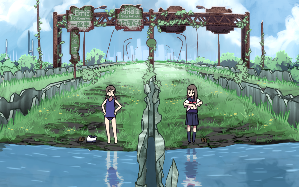 2girls bangs barefoot blue_sky blue_swimsuit brown_hair clouds cropped day facing_viewer flower grass grey_legwear grey_sailor_collar grey_skirt hands_on_hips highway lamppost long_hair looking_at_another low_twintails multiple_girls neckerchief original outdoors pleated_skirt red_neckerchief reflection road_sign sailor_collar school_swimsuit school_uniform serafuku shapoco shirt shoes shoes_removed short_sleeves sign skirt sky skyline standing swimsuit tree twintails undressing water white_shirt wide_shot yellow_flower