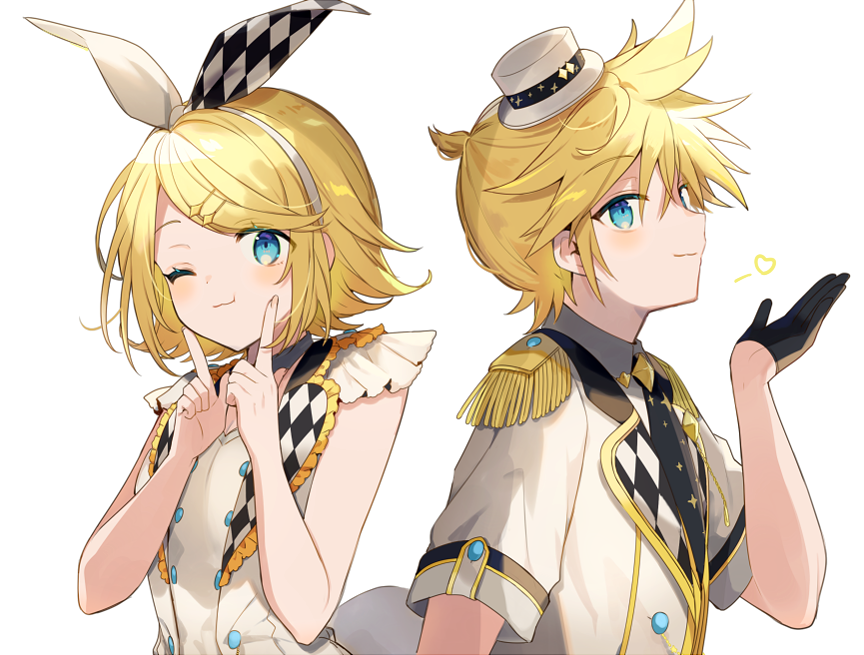 1boy 1girl :3 :t black_gloves black_necktie blue_eyes bow brother_and_sister checkered_bow checkered_clothes cheek_squash commentary dress epaulettes gloves hair_bow hairband half_gloves hat heart idol kagamine_len kagamine_rin looking_at_viewer mini_hat mini_top_hat more_more_jump!_(project_sekai) necktie one_eye_closed project_sekai shimada71_72 shirt siblings simple_background sleeveless sleeveless_dress smile top_hat upper_body vocaloid white_background white_bow white_dress white_hairband white_shirt