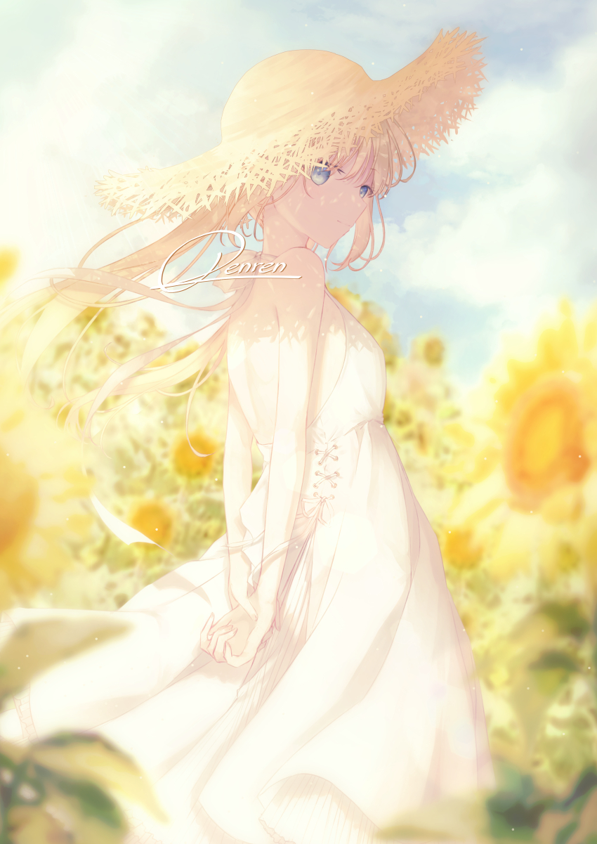 1girl artist_name back bangs blonde_hair blue_eyes dress flower hat highres long_hair looking_at_viewer original renren_(pixiv22963369) solo standing straw_hat sundress sunflower white_dress yellow_flower