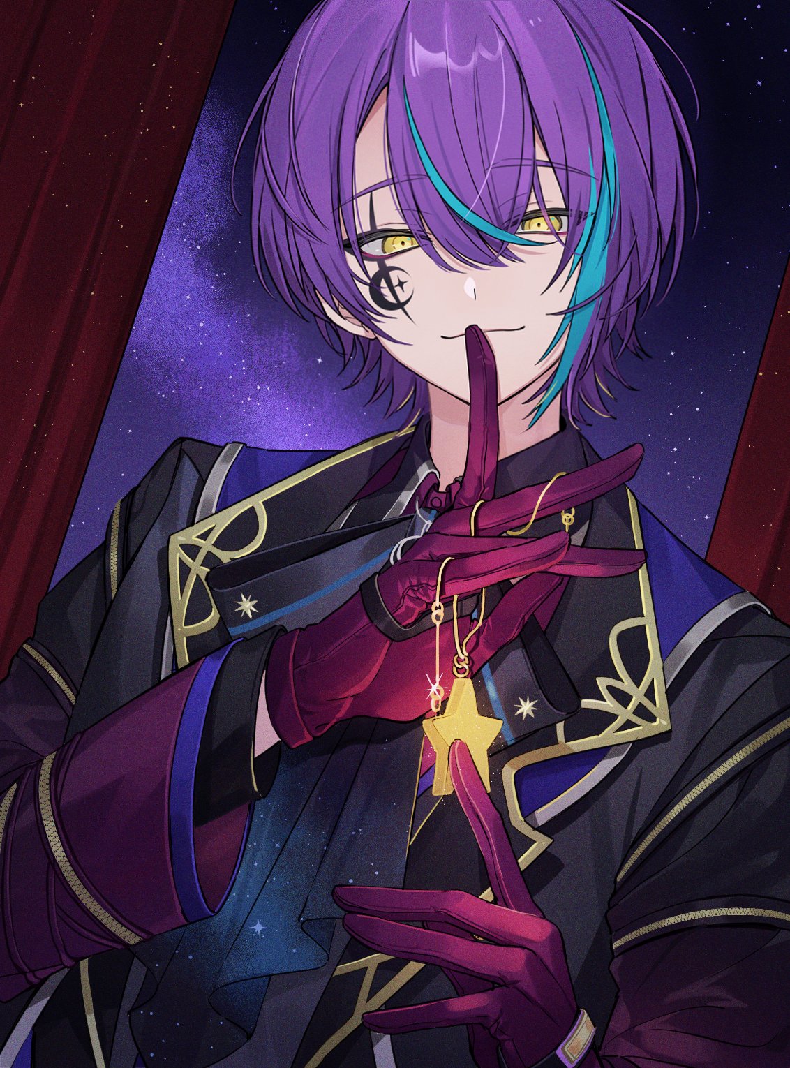 1boy :3 ascot bangs black_jacket commentary crescent_tattoo curtains facial_mark gloves highres holding holding_star index_finger_raised jacket kamishiro_rui long_sleeves male_focus multicolored_hair nes_(nes_402) night night_sky print_ascot project_sekai purple_hair red_gloves sky sky_print solo star_(sky) star_(symbol) star_tattoo streaked_hair tattoo yellow_eyes