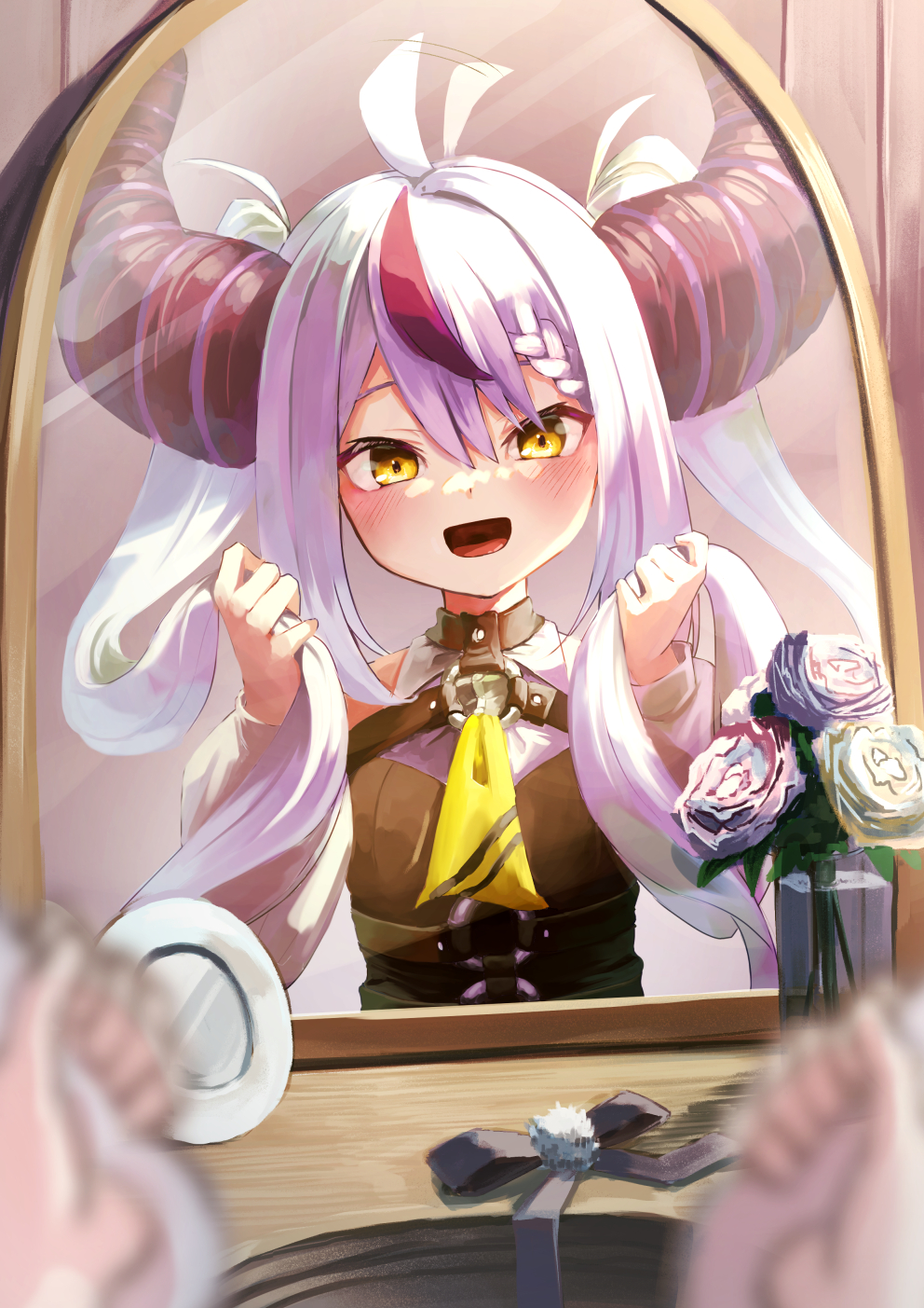 1girl :d ahoge ahoge_wag bangs black_hair black_shirt blush braid braided_bangs demon_horns dokurokou expressive_hair female_pov flower grey_hair hair_between_eyes highres holding holding_hair hololive horns la+_darknesss long_hair long_sleeves looking_at_viewer multicolored_hair o-ring plant potted_plant pov reflection rose shirt smile solo streaked_hair twintails virtual_youtuber yellow_eyes