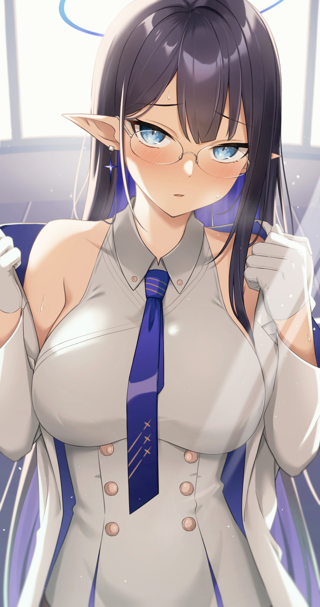 1girl bare_shoulders black_hair blue_archive blue_hair blue_necktie blush breasts colored_inner_hair commentary_request earrings eyebrows_visible_through_hair glasses gloves halo highres jewelry large_breasts long_hair looking_at_viewer multicolored_hair necktie parted_lips pointy_ears rin_(blue_archive) solo sweat sweatdrop tennen_inari two-tone_hair white_gloves
