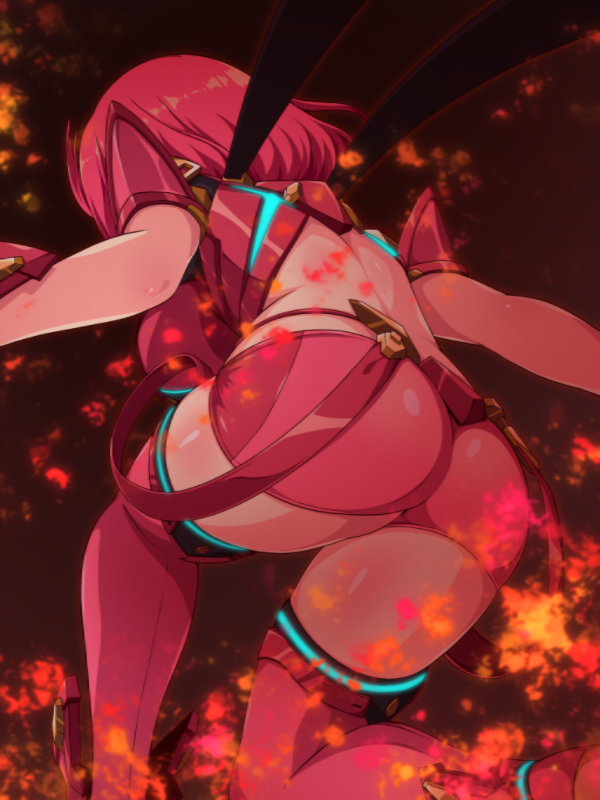 1girl ass ass_focus back backless_outfit bob_cut breasts f_1chan fire from_behind glowing large_breasts midriff one_knee pyra_(xenoblade) redhead short_sleeves shorts solo suspender_shorts suspenders thigh-highs thighs xenoblade_chronicles_(series) xenoblade_chronicles_2