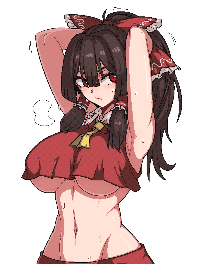 1girl armpits arms_up ascot breasts brown_hair collared_shirt crop_top detached_sleeves formicid frilled_shirt_collar frilled_skirt frills hakurei_reimu long_hair red_eyes red_shirt red_skirt red_vest shirt sidelocks simple_background skirt sleeveless sleeveless_shirt solo touhou under_boob vest white_background yellow_ascot
