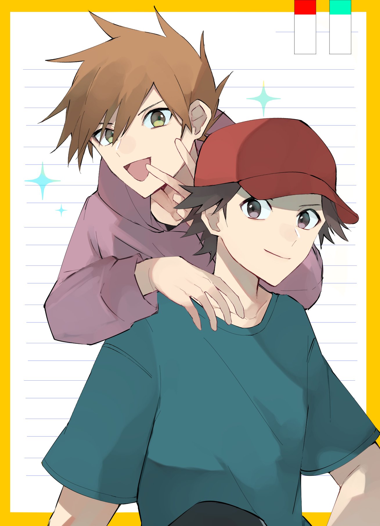 2boys :d alternate_costume bangs blue_oak border brown_eyes brown_hair closed_mouth green_eyes green_shirt hat highres hood hood_down hoodie long_sleeves looking_at_viewer male_focus multiple_boys norisukep open_mouth pokemon pokemon_(game) pokemon_frlg purple_hoodie red_(pokemon) red_headwear shirt short_hair short_sleeves smile sparkle t-shirt tongue v