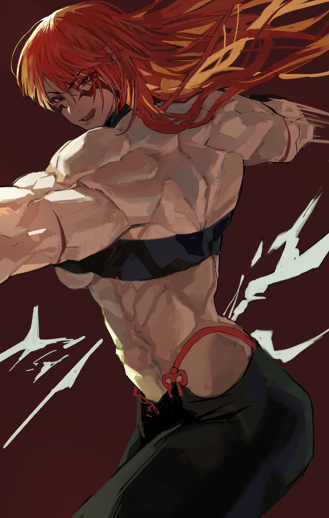 1girl :p abs back bangs black_legwear body_markings eyebrows_visible_through_hair eyelashes facial_mark fuuma_kotarou_(tenkaichi) gradient_hair halter_top halterneck highres lips long_hair looking_at_viewer multicolored_hair muscular muscular_female obliques orange_hair park_ongjol red_background red_eyes redhead revealing_clothes smile tenkaichi_nihon_saikyou_bugeisha_ketteisen tongue tongue_out