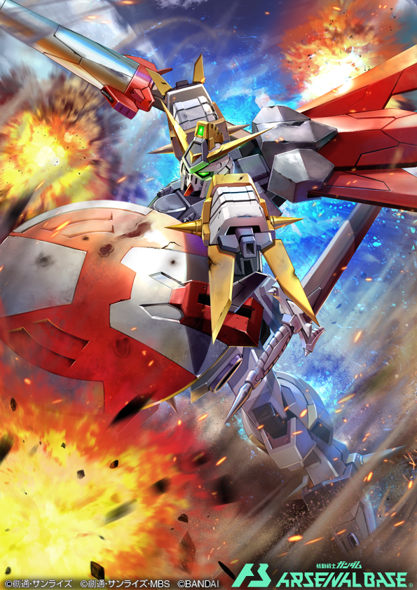 explosion flying green_eyes gundam gundam_arsenal_base gundam_build_divers gundam_build_divers_re:rise gundam_justice_knight holding holding_polearm holding_shield holding_weapon kenko_(a143016) lance mecha no_humans official_art polearm science_fiction shield solo v-fin weapon