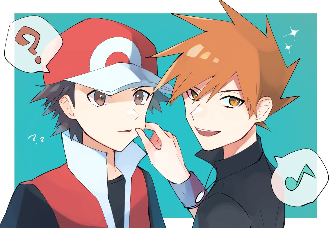 2boys ? ?? black_shirt blue_oak border brown_eyes brown_hair cheek_pinching collared_shirt commentary_request green_background hand_up hat jacket jewelry looking_at_viewer looking_to_the_side male_focus multiple_boys musical_note necklace norisukep pinching pokemon pokemon_(game) pokemon_frlg popped_collar purple_wristband red_(pokemon) red_headwear red_jacket shirt short_hair sleeveless sleeveless_jacket sparkle spiky_hair spoken_musical_note spoken_question_mark t-shirt upper_body white_border wristband