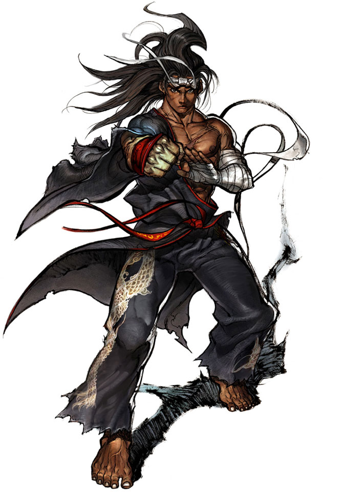 1boy arm_wrap bandages barefoot black_eyes black_hair black_kimono black_pants clenched_hand closed_mouth dark-skinned_male dark_skin full_body hadanugi_dousa hairband japanese_clothes kimono limha_lekan long_hair looking_at_viewer pants ruduek scar scar_on_chest serious solo soulless white_hairband