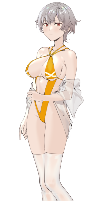 1girl bangs bare_shoulders bikini breasts closed_mouth collarbone grey_hair jacket kurumi_(recycllamo) looking_at_viewer navel off_shoulder original red_eyes see-through short_hair simple_background solo standing stomach swimsuit thigh-highs white_background white_legwear yellow_bikini