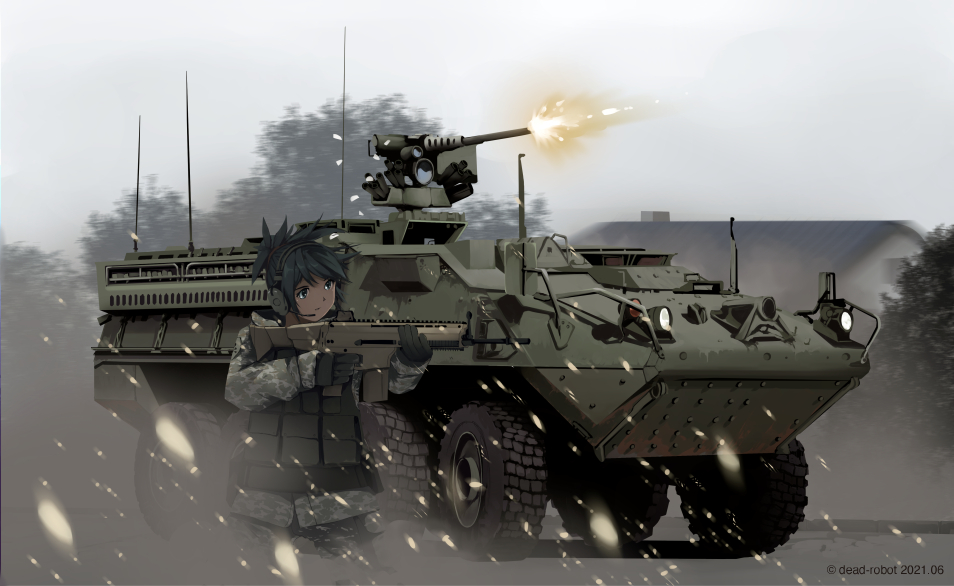 1girl aiming armored_fighting_vehicle artist_name black_hair dead-robot firing ground_vehicle gun military military_vehicle mixed-language_commentary original outdoors ponytail scenery soldier solo stryker tree turret watermark weapon