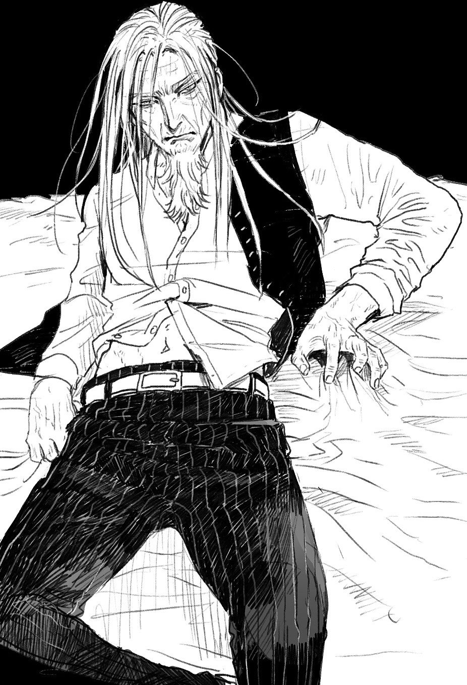 1boy 5533 beard bed_sheet belt black_background closed_mouth dress_shirt facial_hair golden_kamuy greyscale highres hijikata_toshizou_(golden_kamuy) long_hair long_sleeves looking_at_viewer male_focus midriff monochrome navel old old_man on_bed open_clothes open_vest pants partially_unbuttoned reclining sheet_grab shirt simple_background spread_legs striped striped_pants untucked_shirt vertical-striped_pants vertical_stripes vest wrinkled_skin