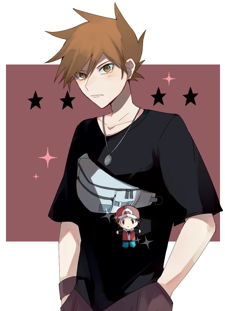 1boy black_shirt blue_oak blush brown_background brown_eyes brown_hair character_doll closed_mouth collarbone grey_bag hands_in_pockets highres jewelry looking_at_viewer male_focus necklace norisukep pants pokemon pokemon_(game) pokemon_frlg red_(pokemon) shirt short_hair short_sleeves solo sparkle spiky_hair t-shirt wristband