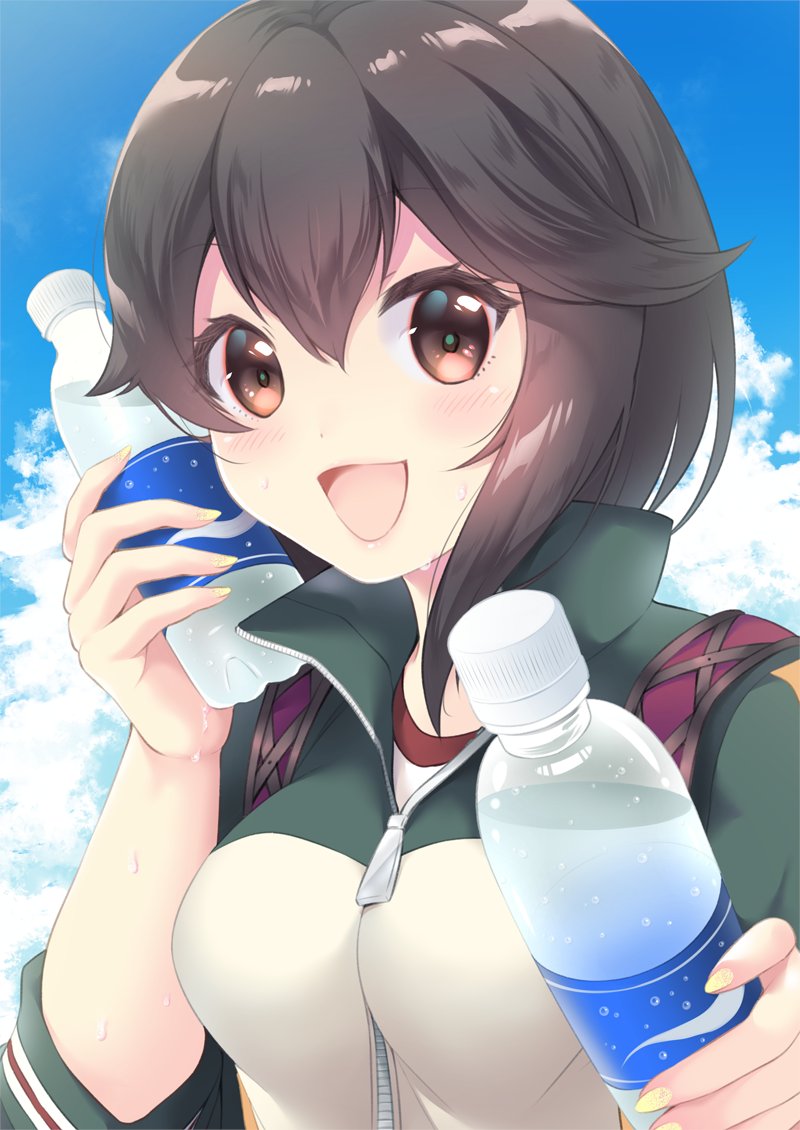 1girl :d black_hair bottle brown_eyes hair_between_eyes hayasui_(kancolle) holding holding_bottle jacket kantai_collection looking_at_viewer medium_hair smile solo track_jacket tsukimochikuriko_(tsukimochi_k) upper_body