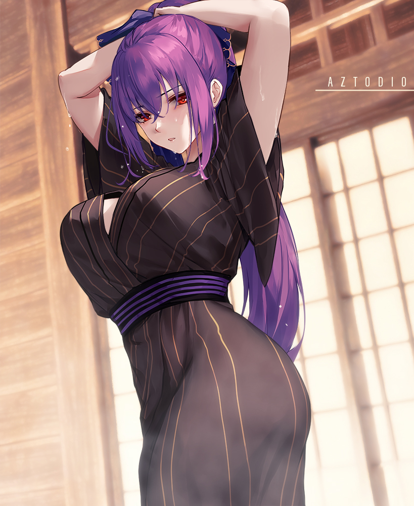 1girl arms_behind_head arms_up aztodio bangs black_kimono breasts commentary crossed_bangs english_commentary fate/grand_order fate_(series) from_below hair_between_eyes hair_ribbon indoors japanese_clothes kimono large_breasts long_hair long_sleeves looking_at_viewer parted_lips ponytail purple_hair red_eyes ribbon scathach_(fate) scathach_skadi_(fate) solo wet wet_hair wide_sleeves