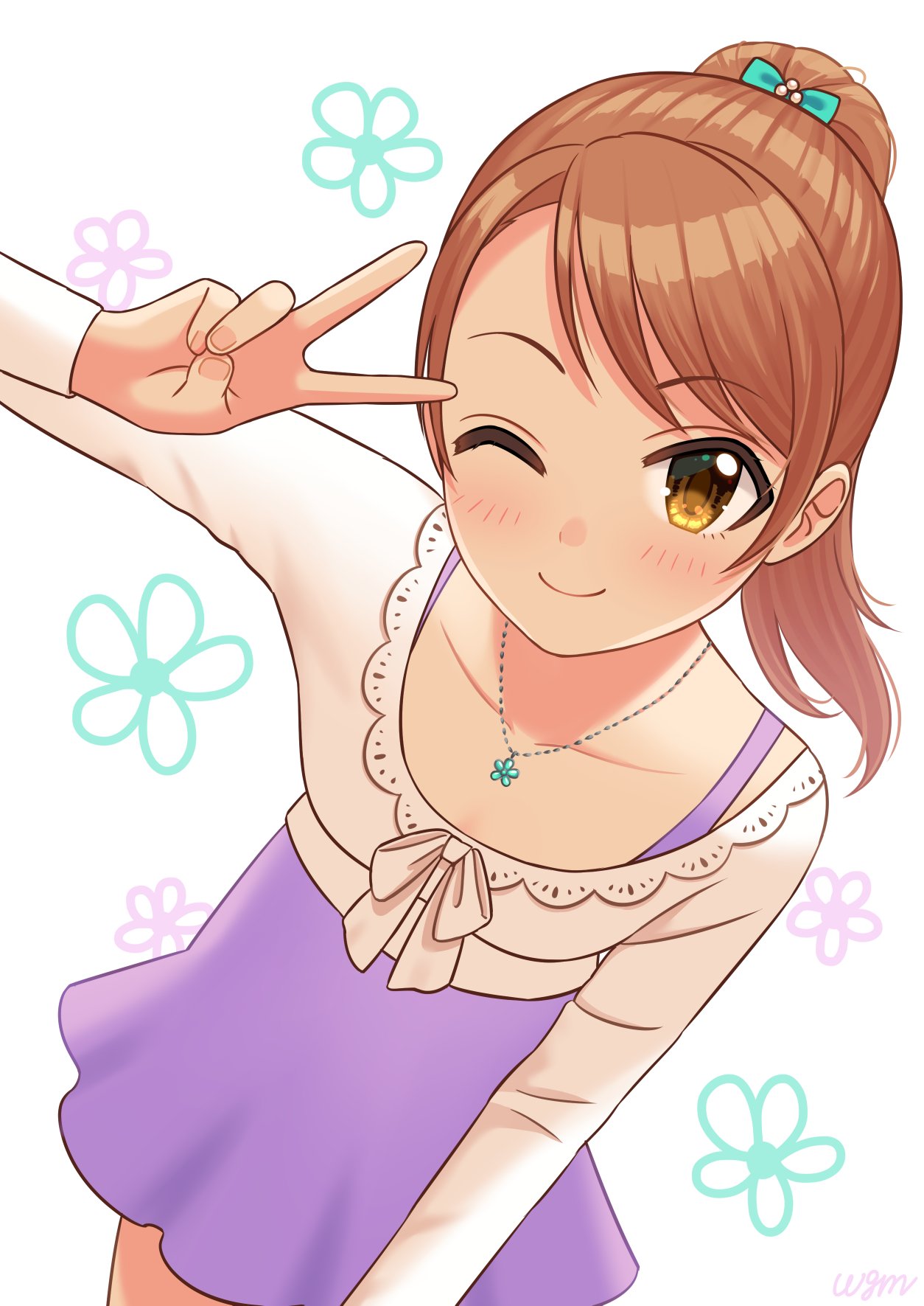 bangs bow brown_hair child collarbone commentary_request commission dress eyebrows_visible_through_hair flat_chest flower flower_necklace hair_bow hand_up highres hojo_karen idolmaster idolmaster_cinderella_girls light_blush long_hair long_sleeves looking_at_viewer one_eye_closed ponytail purple_dress skeb_commission smile solo sweater v wgm_oekaki white_background white_sweater yellow_eyes younger
