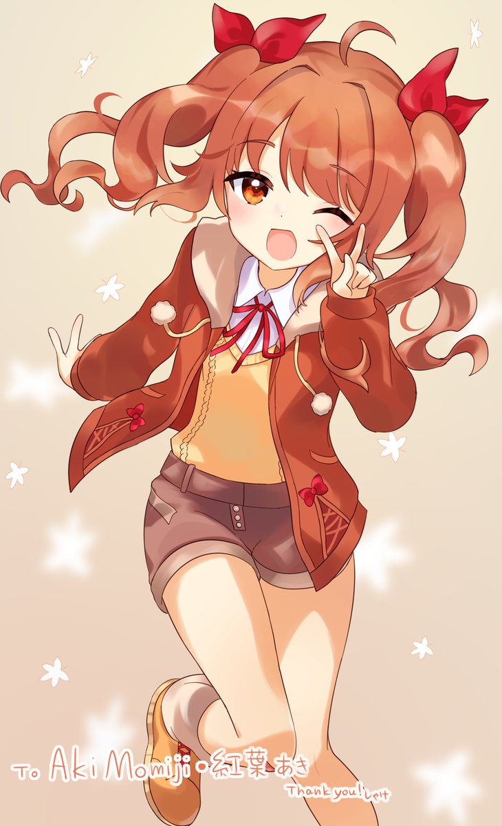 1girl aki_momiji antenna_hair collared_shirt commission commissioner_upload eyebrows_visible_through_hair flat_chest hair_ornament highres indie_virtual_youtuber jacket leaf_print legs looking_at_viewer medium_hair one_eye_closed open_mouth orange_eyes orange_hair orange_jacket red_ribbon ribbon shake_(noripasuta) shirt shorts simple_background skeb_commission smile socks solo sweater twintails v virtual_youtuber white_legwear white_shirt yellow_footwear yellow_sweater