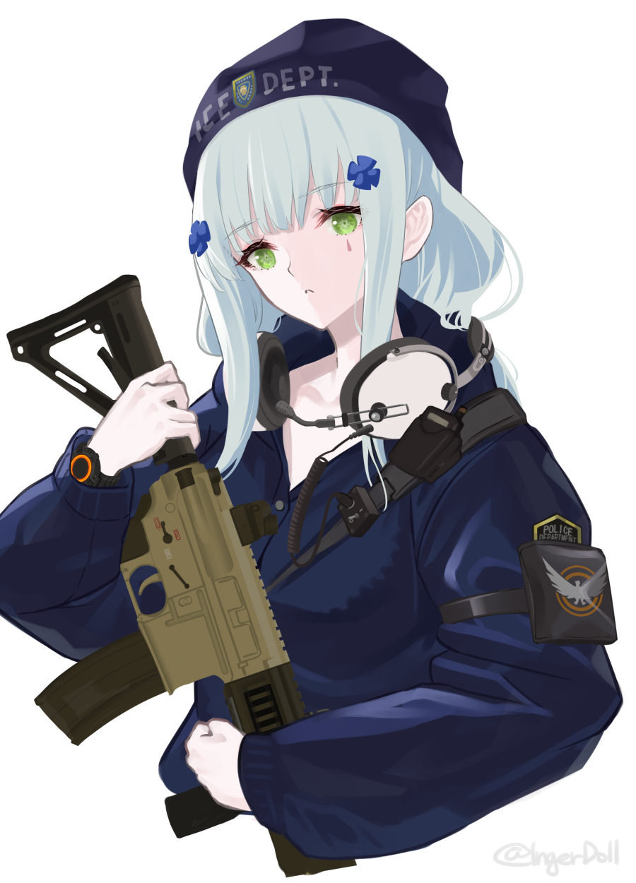1girl 416_day agent_416_(girls'_frontline) assault_rifle bangs blue_headwear blue_jacket closed_mouth commentary cropped_torso eyebrows_visible_through_hair girls_frontline green_eyes gun h&amp;k_hk416 hair_ornament hairclip hat headphones headphones_around_neck highres hk416_(girls'_frontline) holding holding_gun holding_weapon ingerdoll jacket light_blue_hair long_hair long_sleeves looking_at_viewer police_hat rifle solo teardrop_facial_mark teardrop_tattoo tom_clancy's_the_division twitter_username upper_body weapon white_background