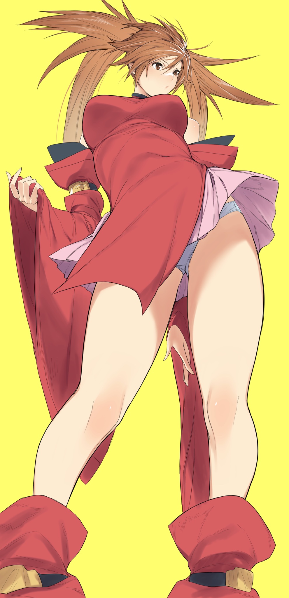 1girl bangs bare_legs bare_shoulders breasts brown_eyes brown_hair china_dress chinese_clothes closed_mouth covered_navel covered_nipples detached_sleeves dress feet_out_of_frame guilty_gear guilty_gear_xrd hair_ring highres kuma_(jk0073) kuradoberi_jam large_breasts long_hair looking_away panties skin_tight skirt solo swept_bangs twintails underwear white_panties wide_sleeves yellow_background