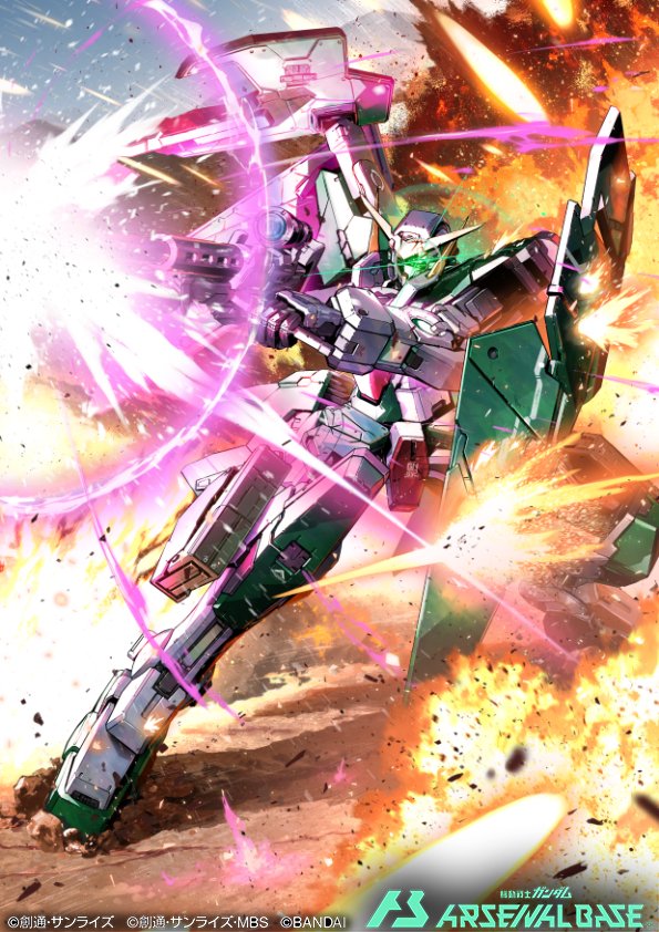 explosion firing glowing glowing_eye green_eyes gun gundam gundam_00 gundam_arsenal_base gundam_dynames holding holding_gun holding_weapon kuri_giepi mecha mobile_suit no_humans official_art science_fiction solo weapon