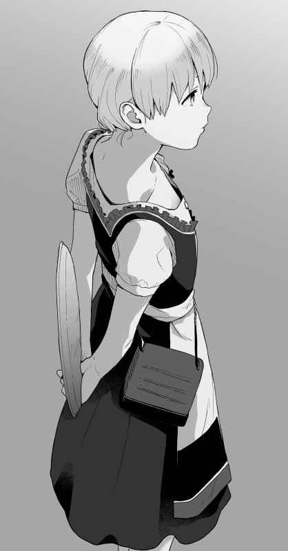 1girl apron arms_behind_back bag banned_artist cowboy_shot dirndl dress german_clothes gradient gradient_background greyscale hair_over_shoulder kantai_collection makio_(makiomeigenbot) monochrome official_alternate_costume shin'you_(kancolle) solo tray