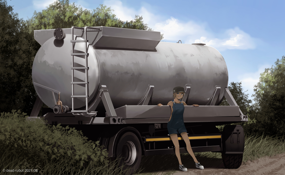 1girl baseball_cap blue_sky commentary_request dead-robot grass ground_vehicle hat ladder leaning_back looking_at_viewer mixed-language_commentary original outdoors overalls scenery shoes sky sneakers solo trailer water_tank white_footwear wide_shot