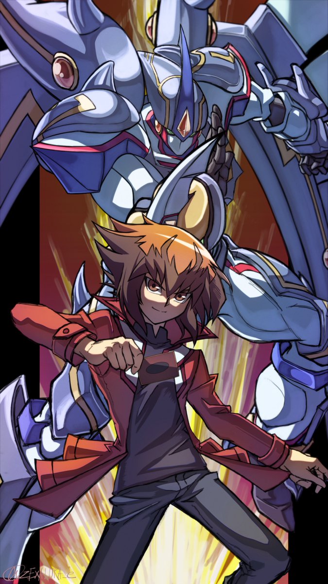 2boys armor bangs black_pants black_shirt brown_eyes brown_hair card commentary cropped_legs duel_monster elemental_hero_shining_neos_wingman green_eyes high_collar highres holding holding_card horns jacket looking_at_viewer male_focus multicolored_hair multiple_boys no_mouth open_clothes open_jacket pants red_jacket shirt shoulder_armor single_horn two-tone_hair wings yu-gi-oh! yu-gi-oh!_gx yuuki_juudai zexalura53