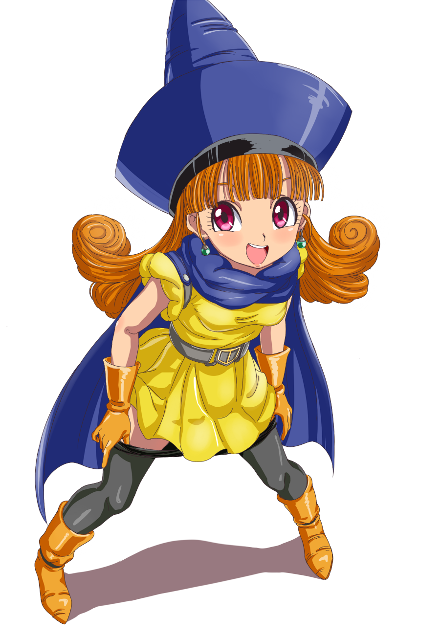 1girl alena_(dq4) breasts cape curly_hair dragon_quest dragon_quest_iv dress earrings gloves hat highres jewelry long_hair looking_at_viewer open_mouth orange_hair pantyhose red_eyes simple_background sincos skirt smile solo white_background