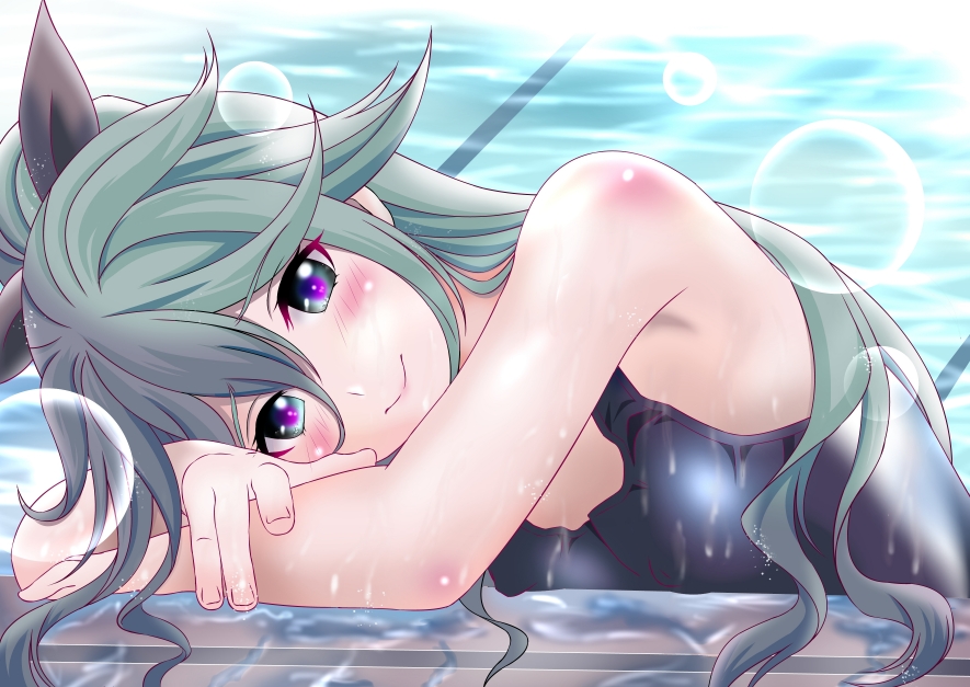 1girl aka_kitsune black_ribbon blue_swimsuit breasts day green_hair hair_between_eyes hair_flaps hair_ornament hair_ribbon kantai_collection long_hair looking_at_viewer neckerchief one-piece_swimsuit partially_submerged ponytail pool poolside ribbon school_swimsuit small_breasts solo swimsuit upper_body water wet wet_clothes wet_swimsuit yamakaze_(kancolle)