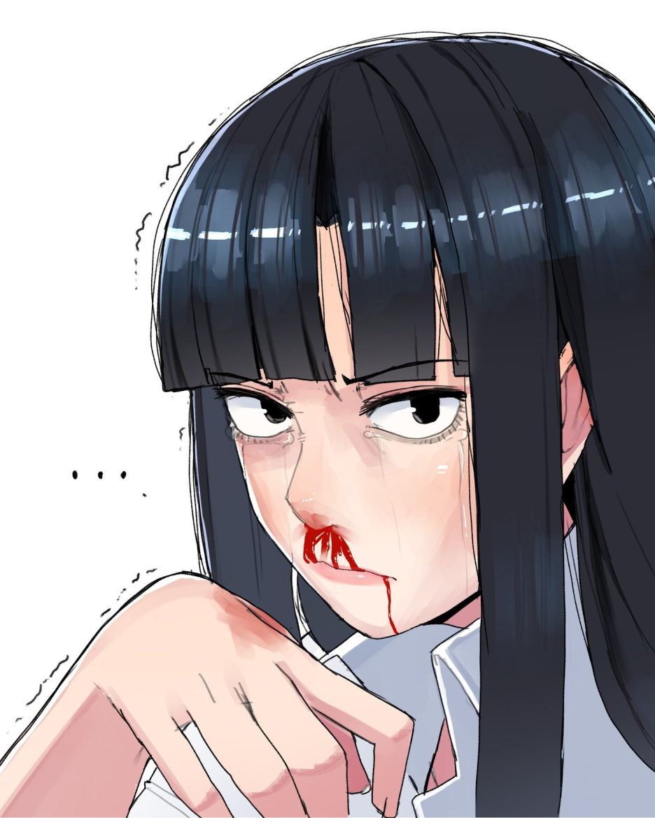 ... 1girl bangs black_eyes black_hair blood blood_on_face blunt_bangs collared_shirt crying eyebrows_visible_through_hair furrowed_brow hime_cut lips long_hair looking_at_viewer nosebleed ohasi original shirt sidelocks simple_background solo symbol-only_commentary trembling white_background white_shirt wiping_face