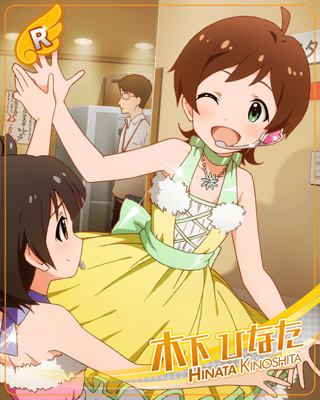 blush brown_hair character_name dress green_eyes idolmaster_million_live!_theater_days kinoshita_hinata short_hair smile wink