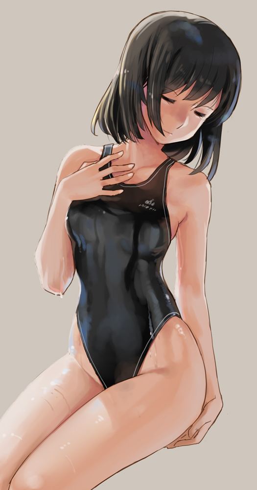 1girl black_hair black_swimsuit breasts closed_eyes commentary_request competition_swimsuit grey_background hand_on_own_chest invisible_chair katahira_masashi one-piece_swimsuit original short_hair simple_background sitting small_breasts solo swimsuit wet wet_clothes wet_swimsuit