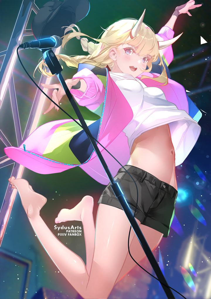 1girl arm_up barefoot black_headwear black_shorts blonde_hair blue_eyes breasts feet hat hat_removed headwear_removed horns jacket jumping legs long_hair looking_at_viewer medium_breasts microphone multicolored_clothes multicolored_jacket navel open_mouth paripi_koumei patreon_username shirt shorts smile solo sydus thighs tsukimi_eiko white_horns white_shirt