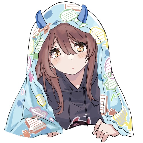 1girl bangs blanket blush breasts brown_hair commentary debi_tarou demon_horns eyebrows_visible_through_hair hair_between_eyes holding holding_blanket hood hoodie horns idolmaster idolmaster_shiny_colors long_hair looking_at_viewer lowres medium_breasts nervous osaki_tenka parted_lips patterned simple_background touhou90275 under_covers upper_body white_background yellow_eyes
