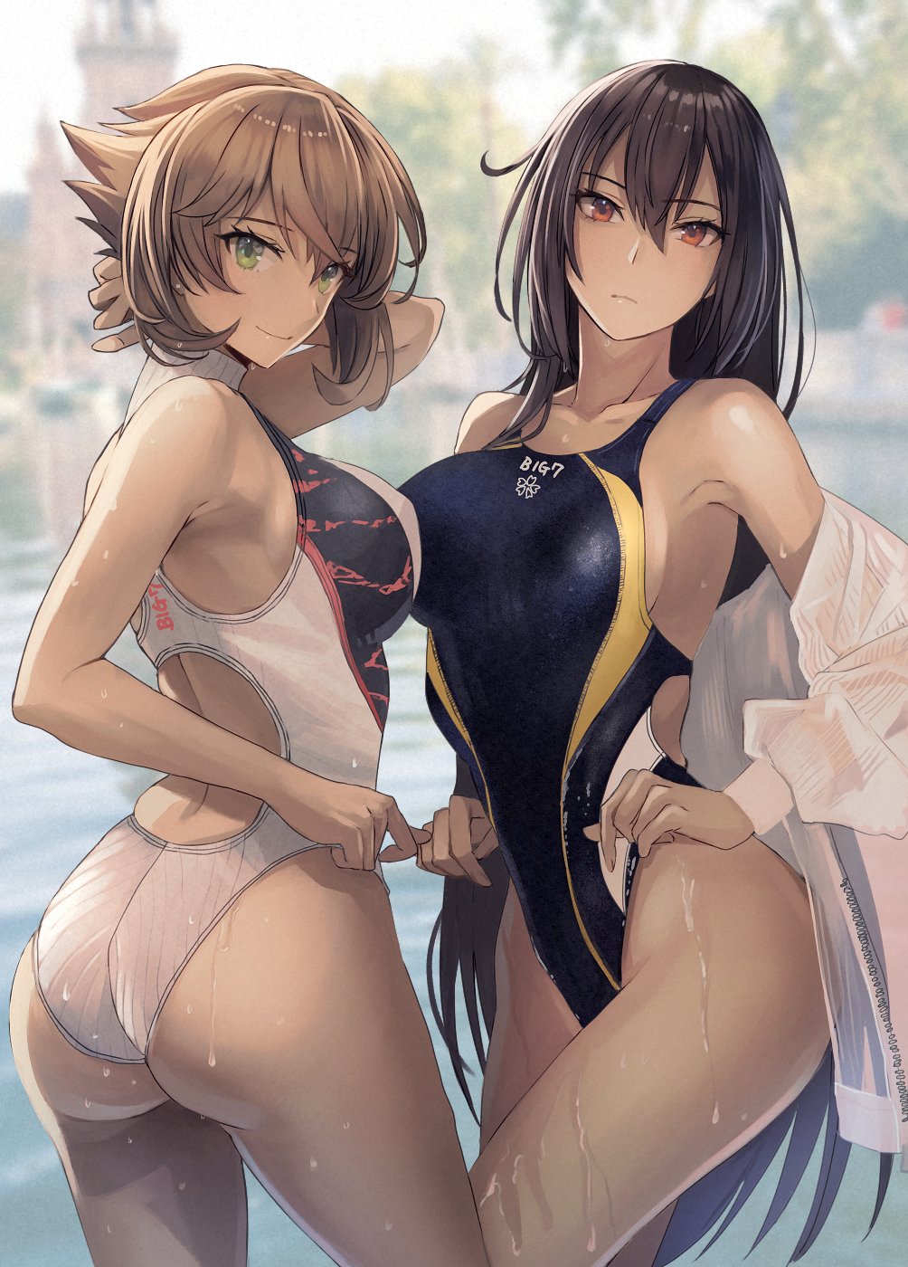 2girls ass backless_swimsuit bangs black_eyebrows black_eyelashes black_hair blurry blurry_background breasts brown_eyebrows brown_hair closed_mouth competition_swimsuit eyebrows eyebrows_visible_through_hair eyelashes eyelashes_visible_through_hair eyes face female_ass green_eyes hair_between_eyes highres huge_breasts kantai_collection kasumi_(skchkko) large_breasts legs legs_apart legs_together long_hair looking_at_viewer multiple_girls mutsu_(kancolle) nagato_(kancolle) off_shoulder one-piece_swimsuit open_eyes red_eyes short_hair sideboob straight_hair sweater swimsuit thighs very_long_hair water wet wet_hair white_sweater