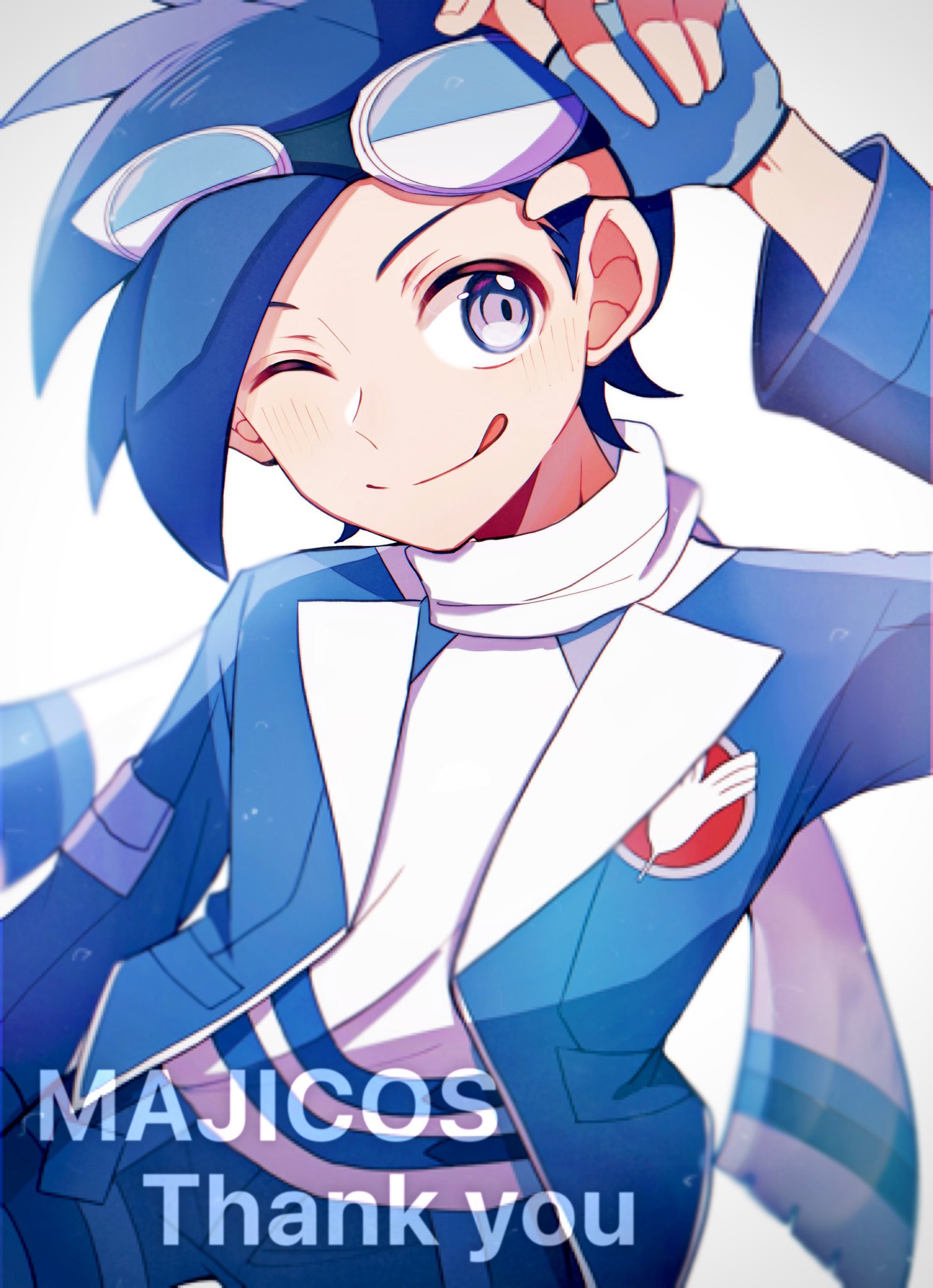 1boy ;q adjusting_goggles arm_up blue_hair blue_jacket blue_pants blurry blush closed_mouth commentary_request ethan_(pokemon) fingerless_gloves gloves goggles grey_eyes highres jacket male_focus official_alternate_costume one_eye_closed pants pokemon pokemon_(game) pokemon_masters_ex scarf shirt short_hair smile solo thank_you tongue tongue_out white_background white_scarf white_shirt yasunaga_(yukeyuke)