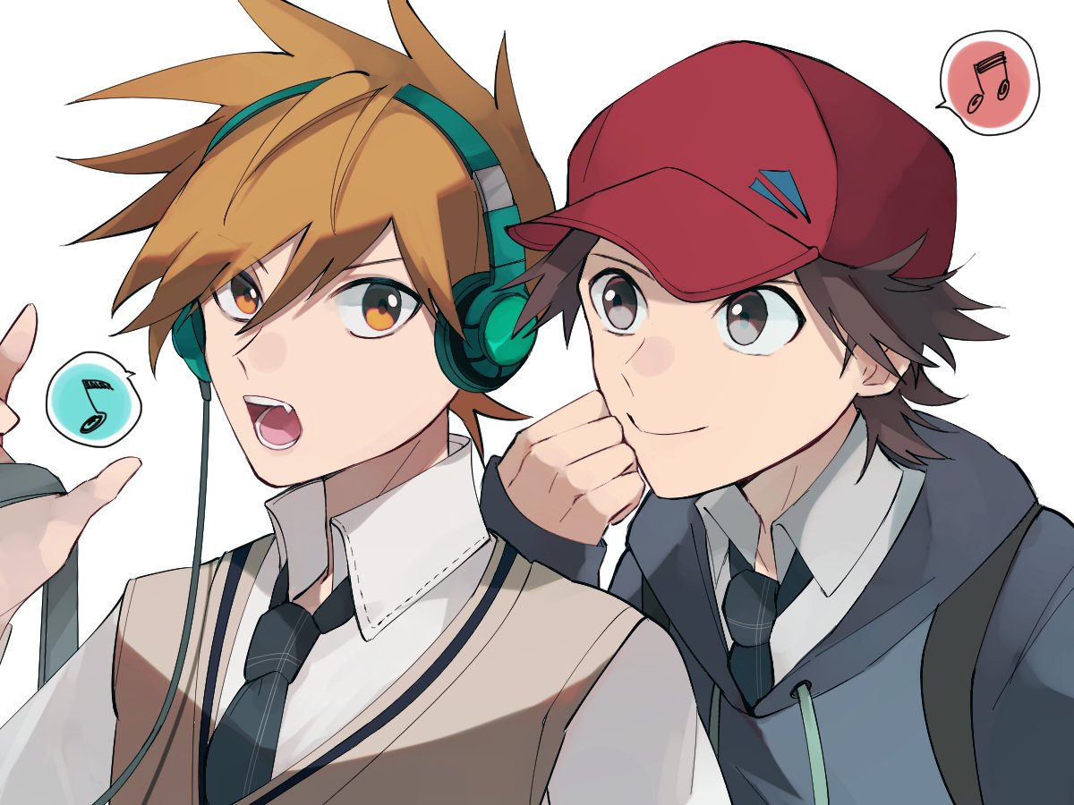 2boys alternate_costume black_necktie blue_oak brown_eyes brown_hair closed_mouth hand_up hat headphones hood hoodie listening_to_music male_focus multiple_boys musical_note necktie norisukep open_mouth pokemon pokemon_(game) pokemon_frlg red_(pokemon) red_headwear shirt short_hair smile spiky_hair spoken_musical_note symbol-only_commentary teeth tongue upper_body vest white_background white_shirt