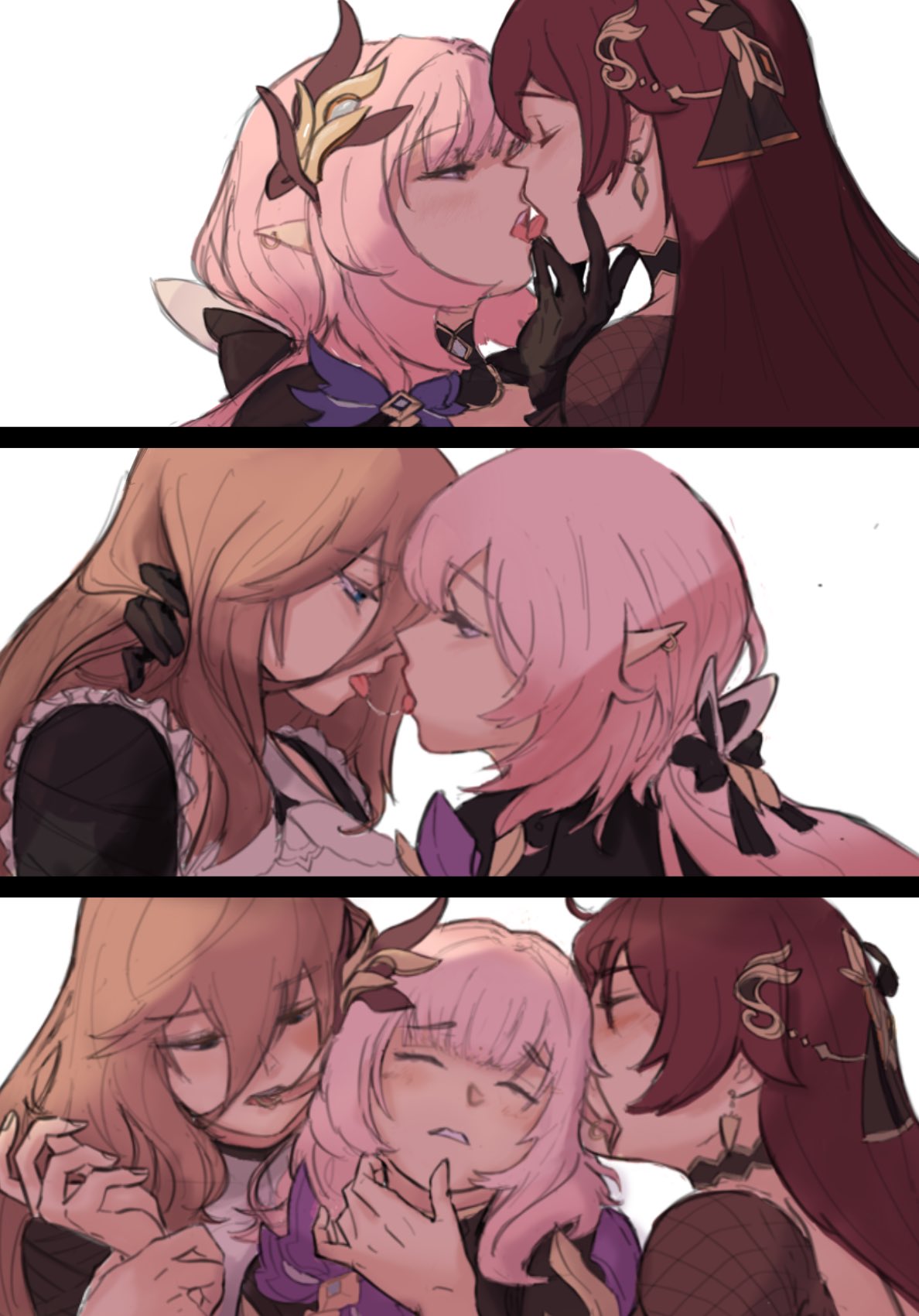 3girls after_kiss aponia_(honkai_impact) blush brown_hair closed_eyes dress earrings eden_(honkai_impact) eimikohaver elysia_(honkai_impact) eyebrows_visible_through_hair french_kiss gloves hair_ornament highres honkai_(series) honkai_impact_3rd jewelry kiss long_hair looking_at_another multiple_girls musical_note_hair_ornament parted_lips pink_hair pointy_ears polyamory saliva saliva_trail tongue tongue_out yuri